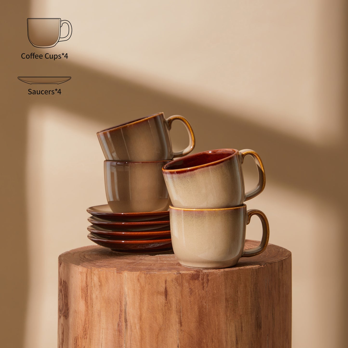 Pokini Stoneware Coffee Cups with Saucers, 6 Oz Cappuccino Cups Set of 4