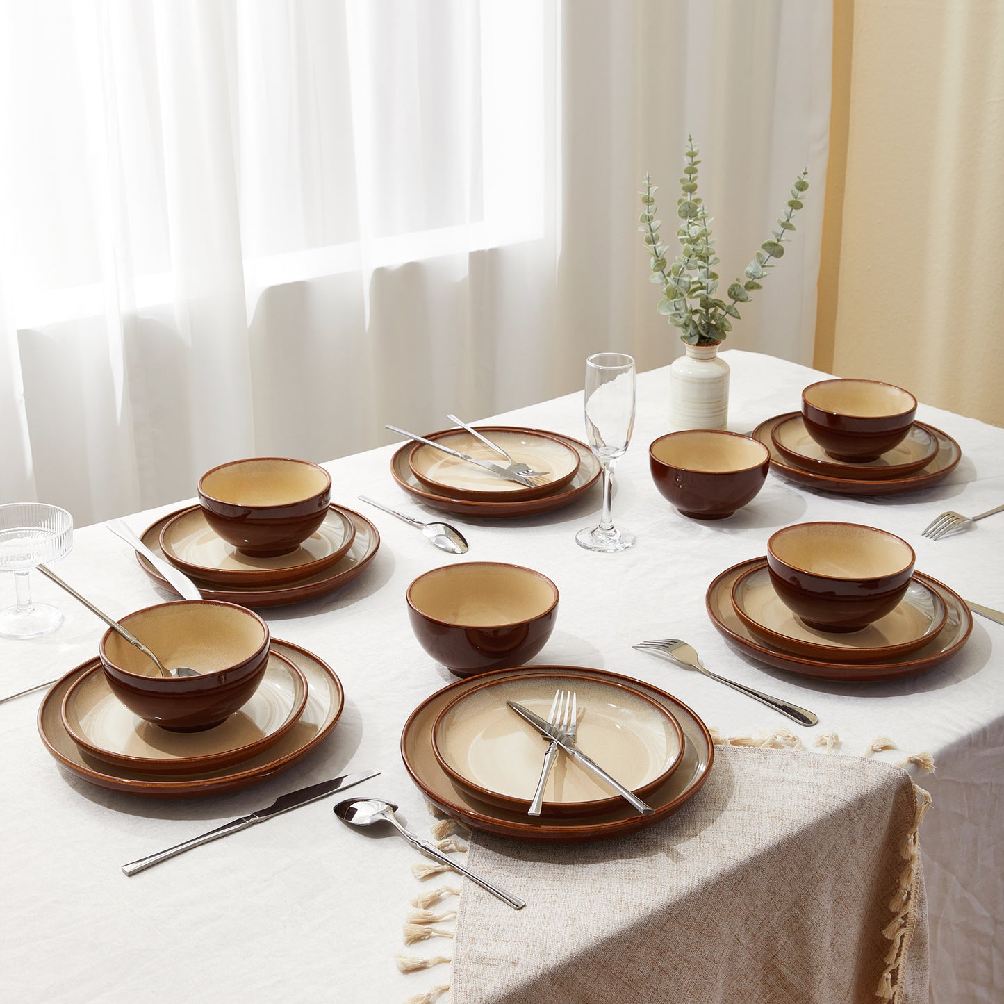 Plates and Bowls Set, POKINI 18 Pieces Stoneware Dinnerware Set, Microwave & Dishwasher Safe Dish Sets, Modern Ceramic Dinner Salad Plates | Cereal Bowls, Dishes Set for 6, Brown Yellow