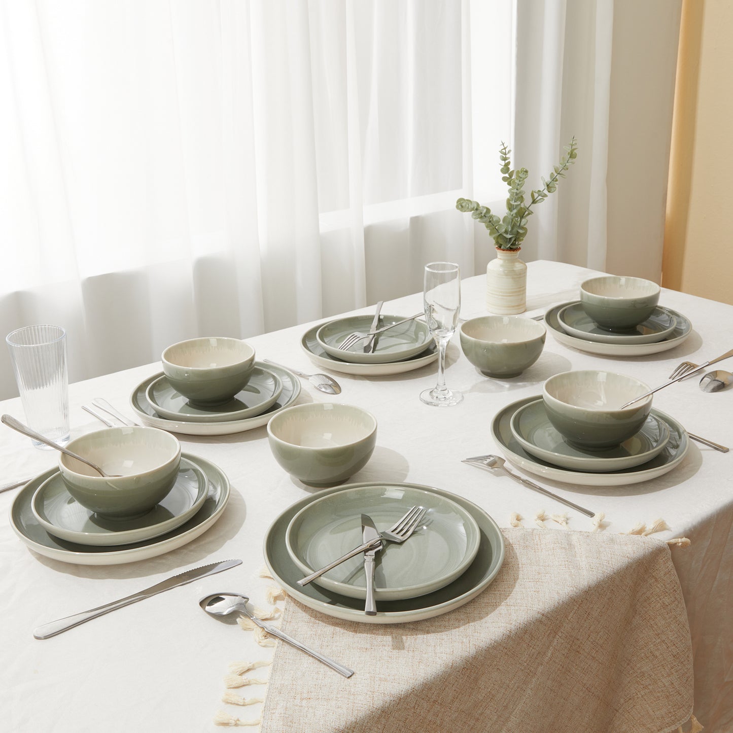 Dinnerware Set for 6, POKINI Ceramic Plates and Bowls Set, 18 PCS Handmade Reactive Glaze Dishes Set, Scratch Resistan Round Dish Sets, Dishwasher & Microwave Safe Stoneware Dinnerware Sets,Grey Green