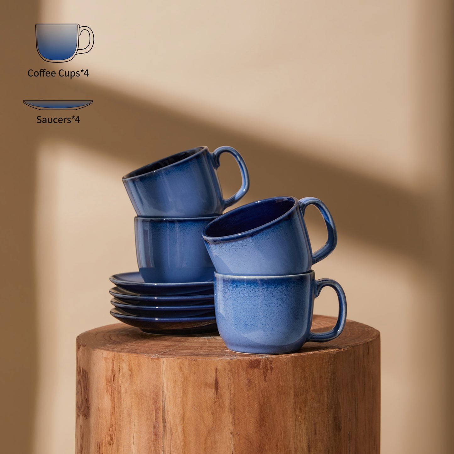 Pokini Stoneware Coffee Cups with Saucers, 6 Oz Cappuccino Cups Set of 4