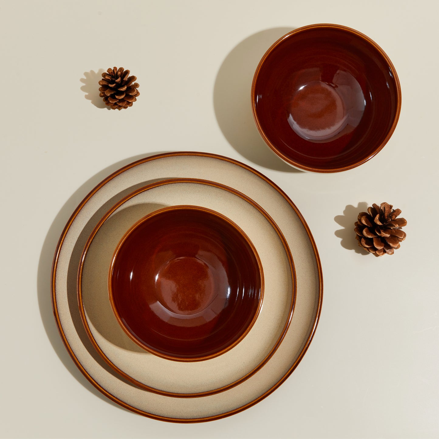 Stoneware Dinnerware Set Service for 4, 12 pcs Reactive Glaze Plates and Bowls Sets, Handmade Round Dishes Set, Highly Chip and Crack Resistant Modern Plate Set, Brown Yellow