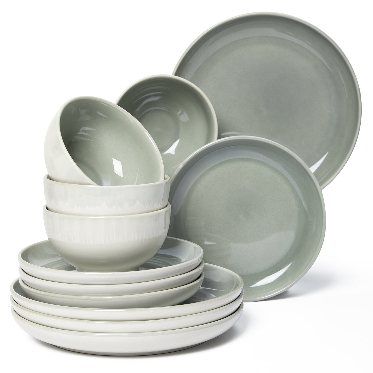 Stoneware Dinnerware Set, POKINI 18 PCS Reactive Glaze Plates and Bowls Set, Handmade Round Ceramic Dish Sets Service for 6, Highly Chip and Crack Resistant Modern Dinner Plate Set, Gradient Green