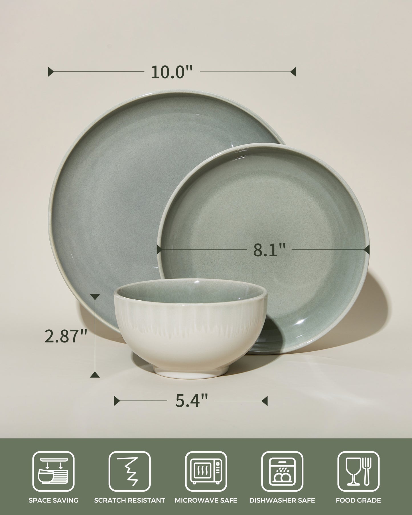 Stoneware Dinnerware Set, POKINI 18 PCS Reactive Glaze Plates and Bowls Set, Handmade Round Ceramic Dish Sets Service for 6, Highly Chip and Crack Resistant Modern Dinner Plate Set, Gradient Green