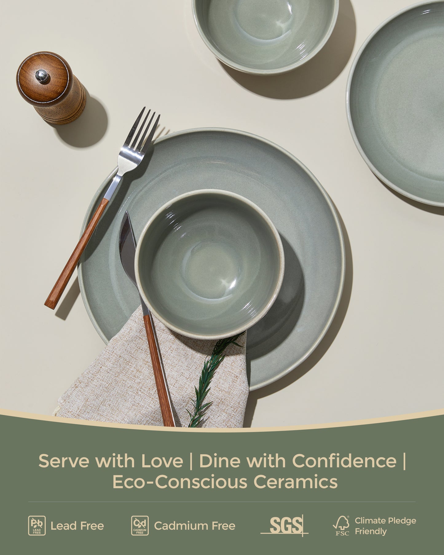 Stoneware Dinnerware Set, POKINI 18 PCS Reactive Glaze Plates and Bowls Set, Handmade Round Ceramic Dish Sets Service for 6, Highly Chip and Crack Resistant Modern Dinner Plate Set, Gradient Green