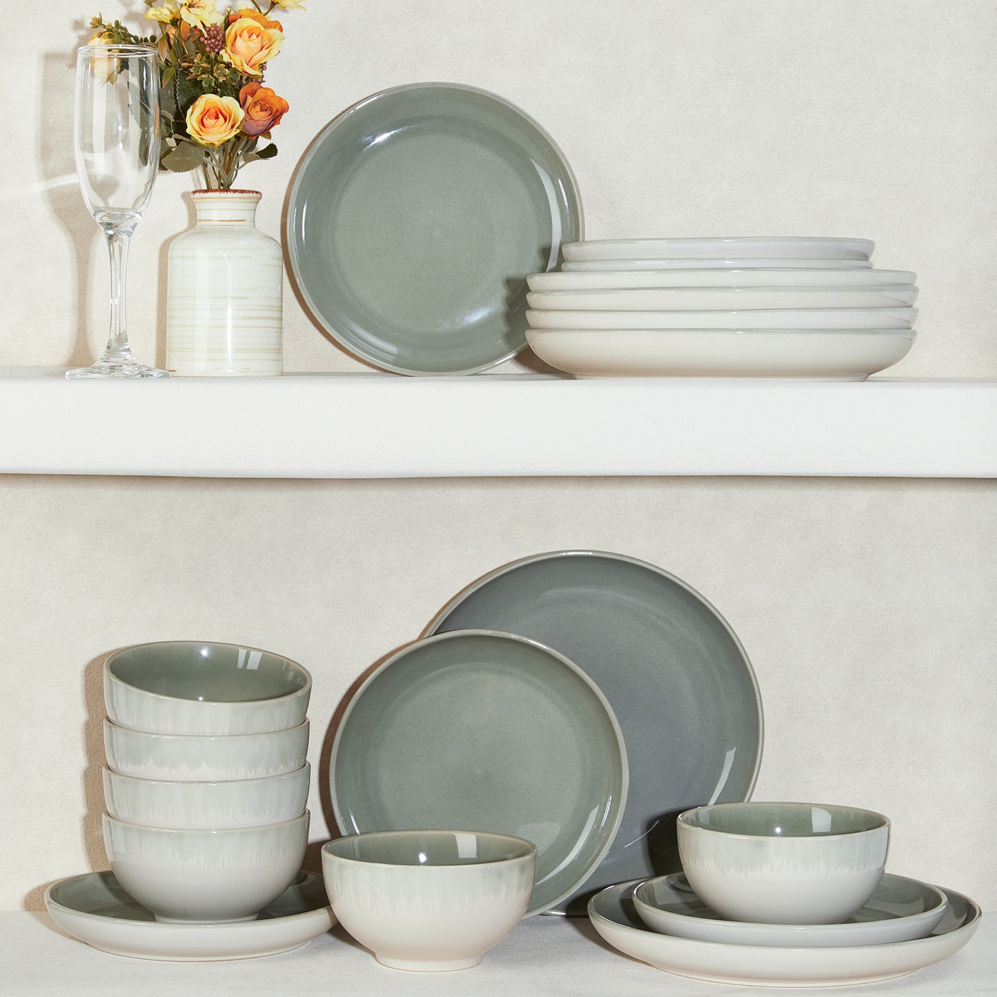 Stoneware Dinnerware Set, POKINI 18 PCS Reactive Glaze Plates and Bowls Set, Handmade Round Ceramic Dish Sets Service for 6, Highly Chip and Crack Resistant Modern Dinner Plate Set, Gradient Green