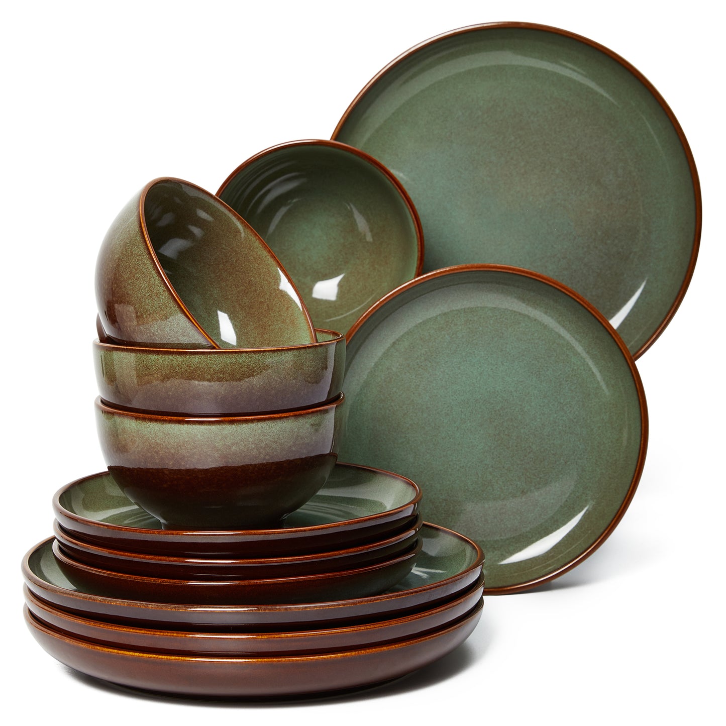 Stoneware Dinnerware Set for 6, POKINI 18 PCS Reactive Glaze Plates and Bowls Set, Handmade Ceramic Dishes Set, Highly Chip and Crack Resistant Modern Plate Set, Brown Green