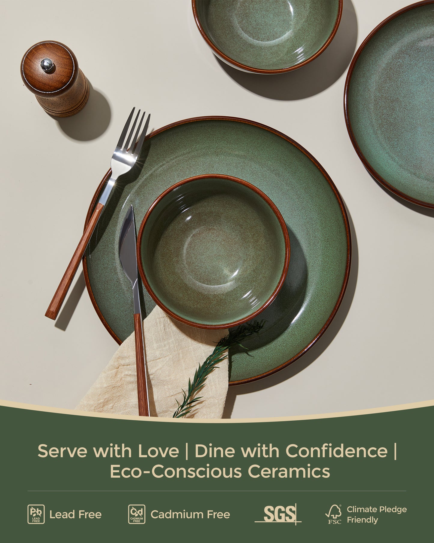 Stoneware Dinnerware Set for 6, POKINI 18 PCS Reactive Glaze Plates and Bowls Set, Handmade Ceramic Dishes Set, Highly Chip and Crack Resistant Modern Plate Set, Brown Green
