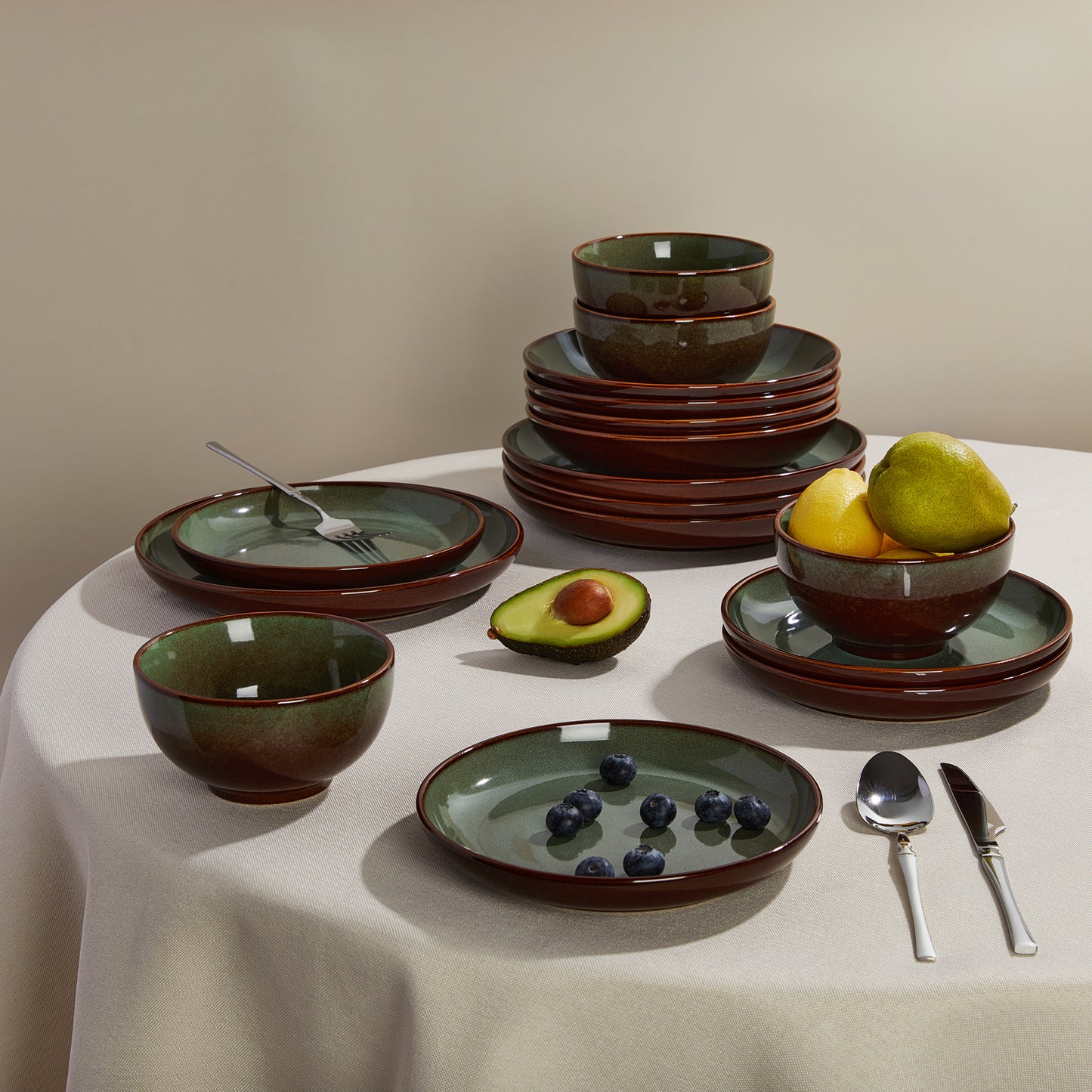 Stoneware Dinnerware Set for 6, POKINI 18 PCS Reactive Glaze Plates and Bowls Set, Handmade Ceramic Dishes Set, Highly Chip and Crack Resistant Modern Plate Set, Brown Green