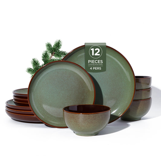 Plates and Bowls Set, POKINI 18 Pieces Ceramic Dishes Set, Handmade Reactive Glaze Dish Sets, Scratch Resistan Round Stoneware Dinnerware Set for 6, Dishwasher & Microwave Safe, Brown Green