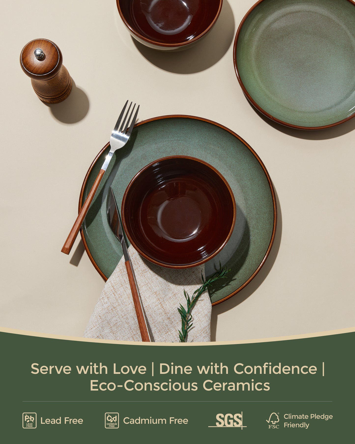 Plates and Bowls Set, POKINI 18 Pieces Ceramic Dishes Set, Handmade Reactive Glaze Dish Sets, Scratch Resistan Round Stoneware Dinnerware Set for 6, Dishwasher & Microwave Safe, Brown Green