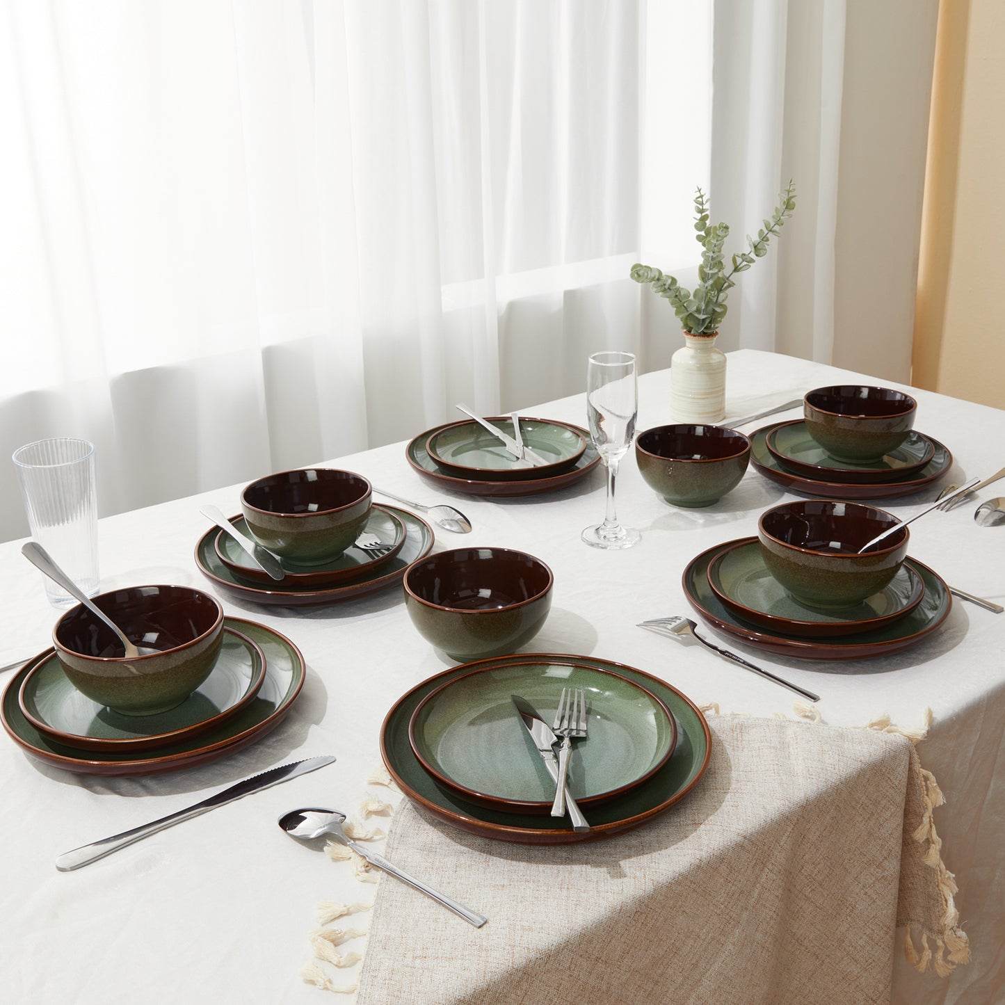 Plates and Bowls Set, POKINI 18 Pieces Ceramic Dishes Set, Handmade Reactive Glaze Dish Sets, Scratch Resistan Round Stoneware Dinnerware Set for 6, Dishwasher & Microwave Safe, Brown Green