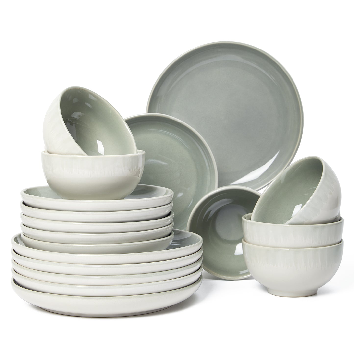Stoneware Dinnerware Set, POKINI 18 PCS Reactive Glaze Plates and Bowls Set, Handmade Round Ceramic Dish Sets Service for 6, Highly Chip and Crack Resistant Modern Dinner Plate Set, Gradient Green