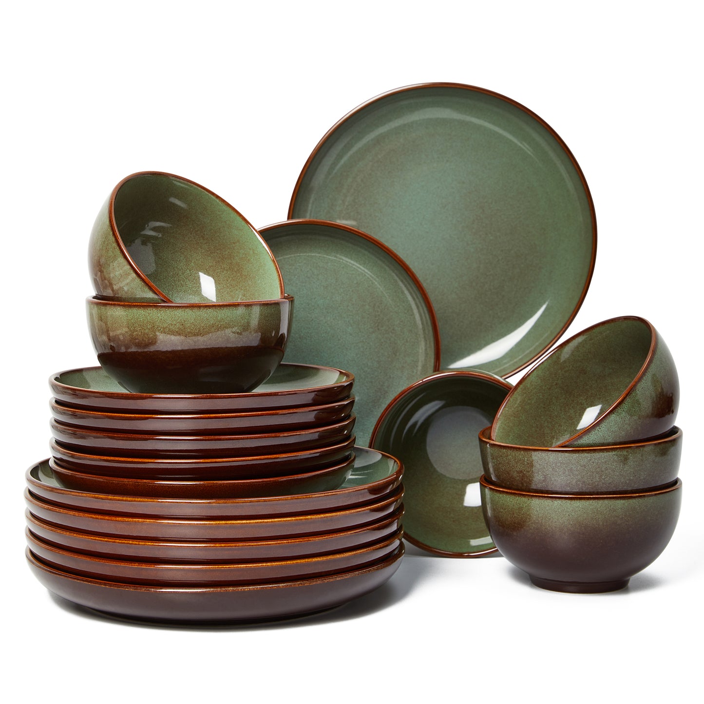 Stoneware Dinnerware Set for 6, POKINI 18 PCS Reactive Glaze Plates and Bowls Set, Handmade Ceramic Dishes Set, Highly Chip and Crack Resistant Modern Plate Set, Brown Green