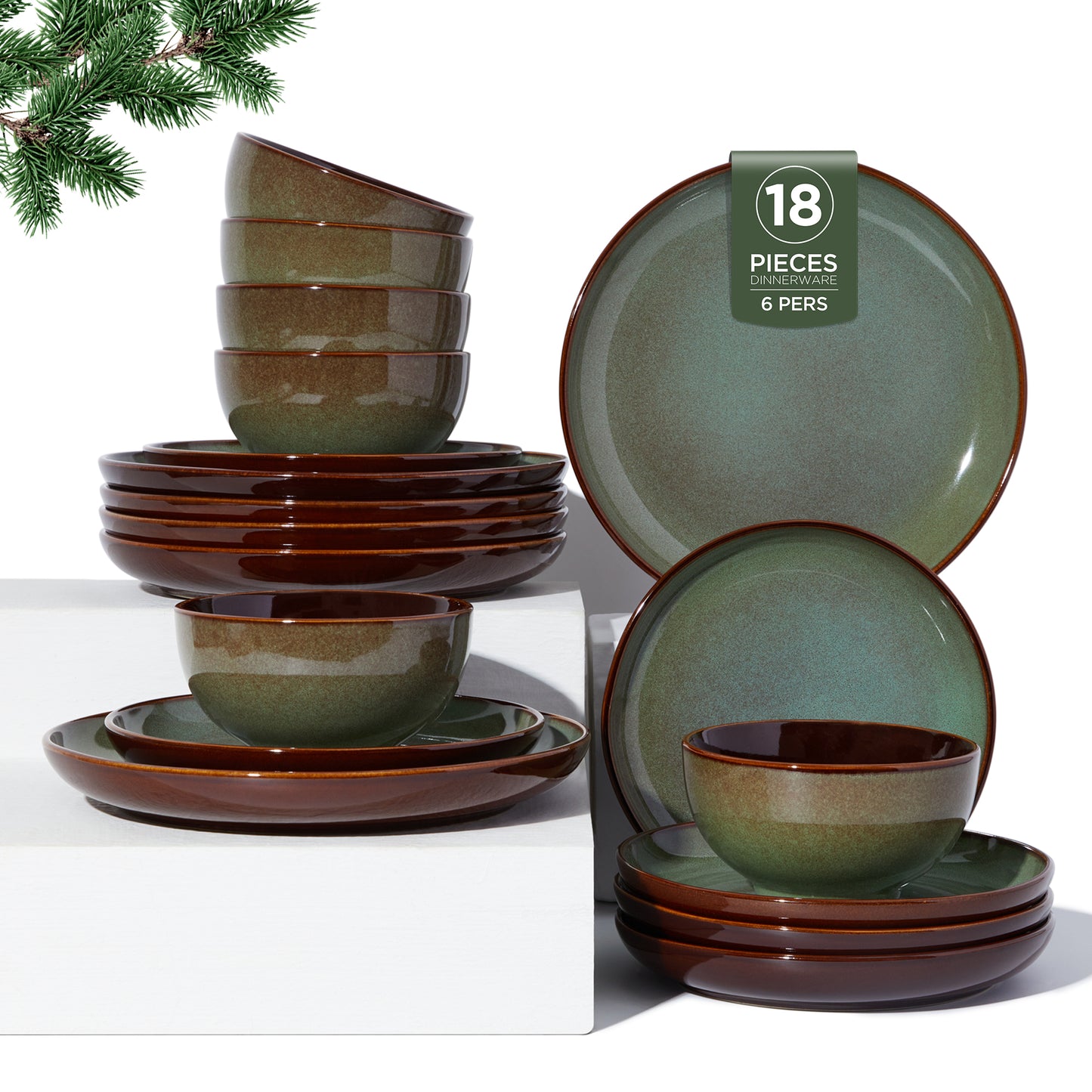 Plates and Bowls Set, POKINI 18 Pieces Ceramic Dishes Set, Handmade Reactive Glaze Dish Sets, Scratch Resistan Round Stoneware Dinnerware Set for 6, Dishwasher & Microwave Safe, Brown Green