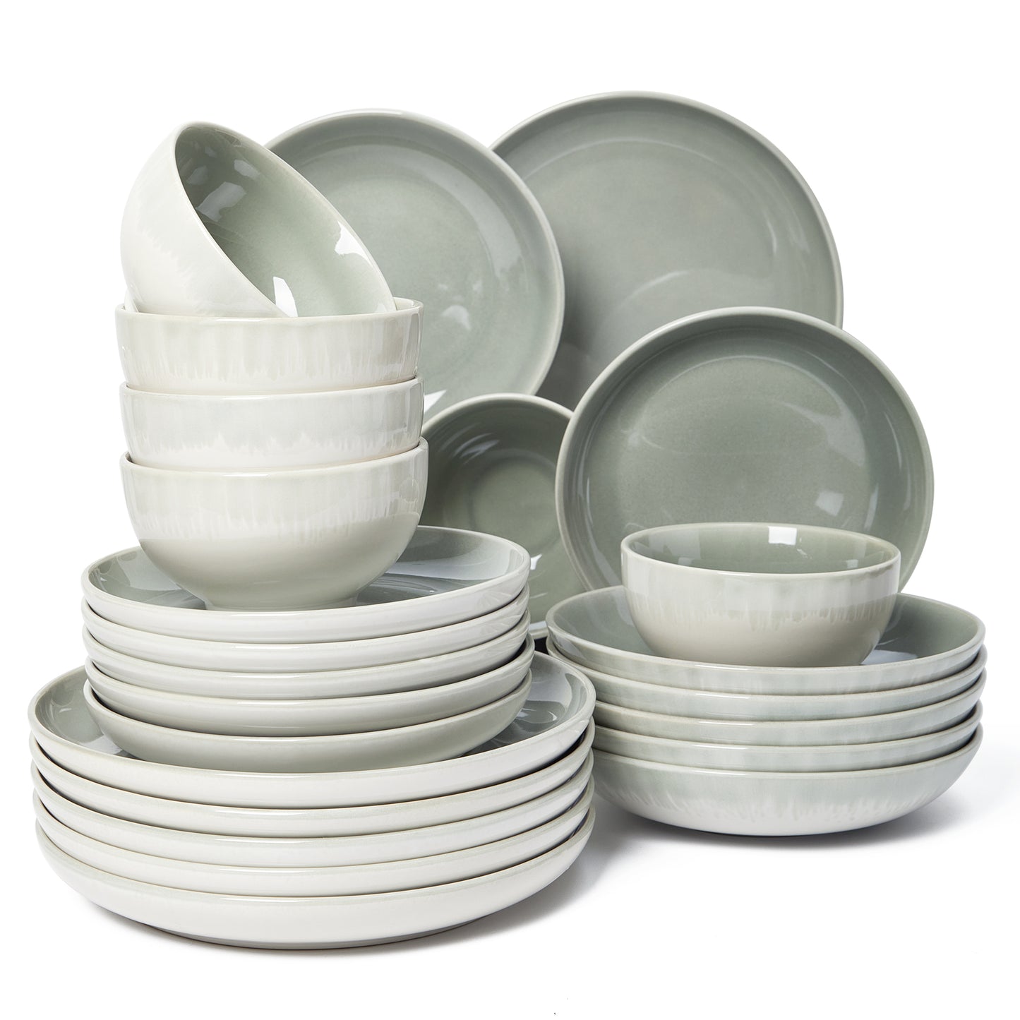 Stoneware Dinnerware Set, POKINI 18 PCS Reactive Glaze Plates and Bowls Set, Handmade Round Ceramic Dish Sets Service for 6, Highly Chip and Crack Resistant Modern Dinner Plate Set, Gradient Green