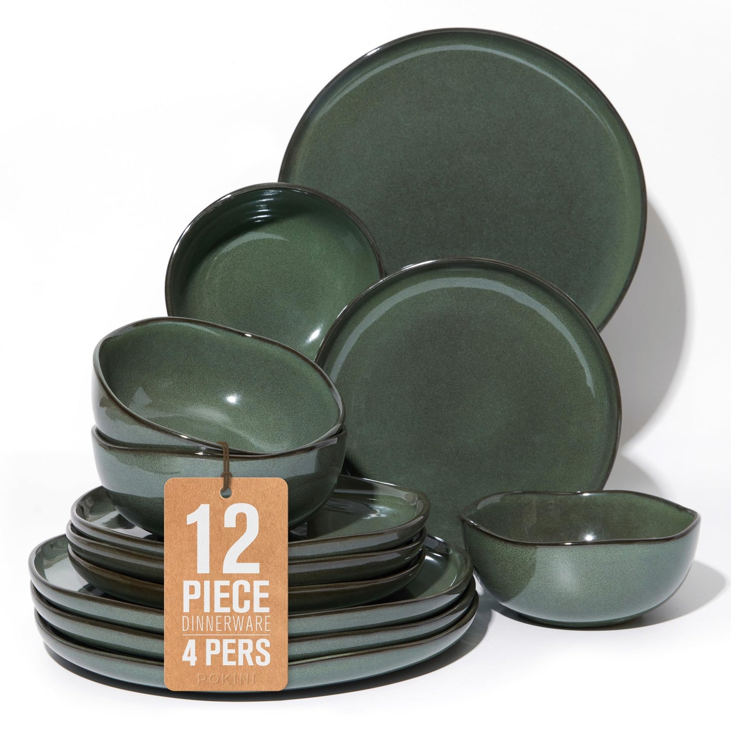 Ceramic Plates and Bowls Set, Everyday Dinnerware Set for 4, Wavy Rim Kitchen Dish Set, Chip Resistant Dishware Sets, Dishwasher Safe Dinner Set, Designed for Simple Meals, Forest Green
