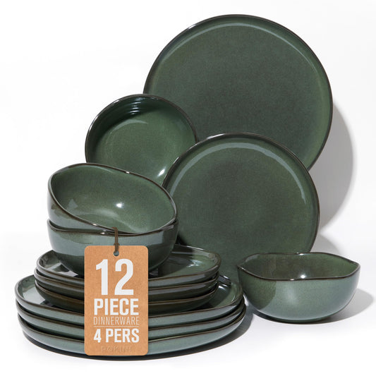 Ceramic Plates and Bowls Set, Everyday Dinnerware Set for 4, Wavy Rim Kitchen Dish Set, Chip Resistant Dishware Sets, Dishwasher Safe Dinner Set, Designed for Simple Meals, Forest Green