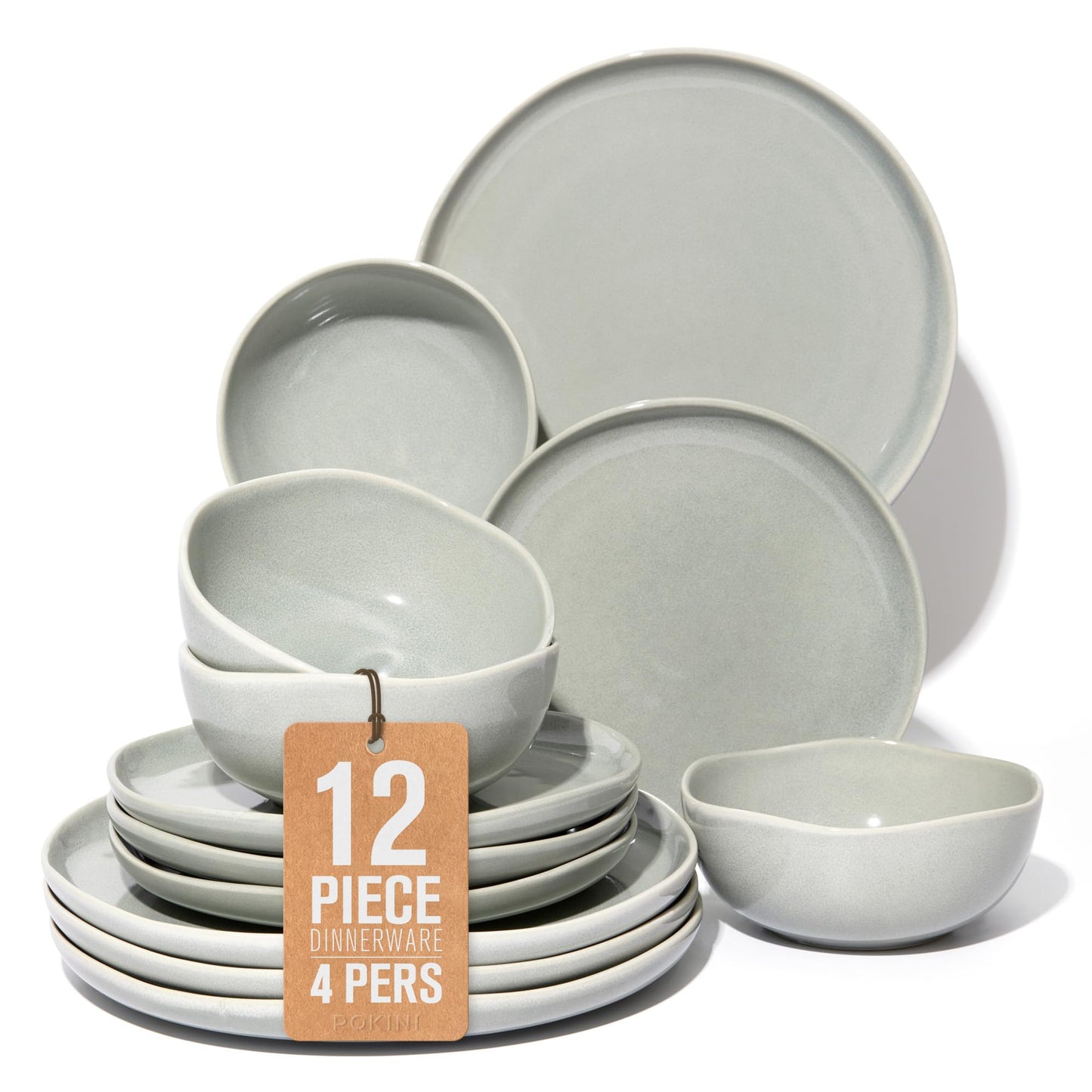 Ceramic Plates and Bowls Set, Everyday Dinnerware Set for 4, Wavy Rim Kitchen Dish Set, Chip Resistant Dishware Sets, Dishwasher Safe Dinner Set, Designed for Simple Meals, Gray Green