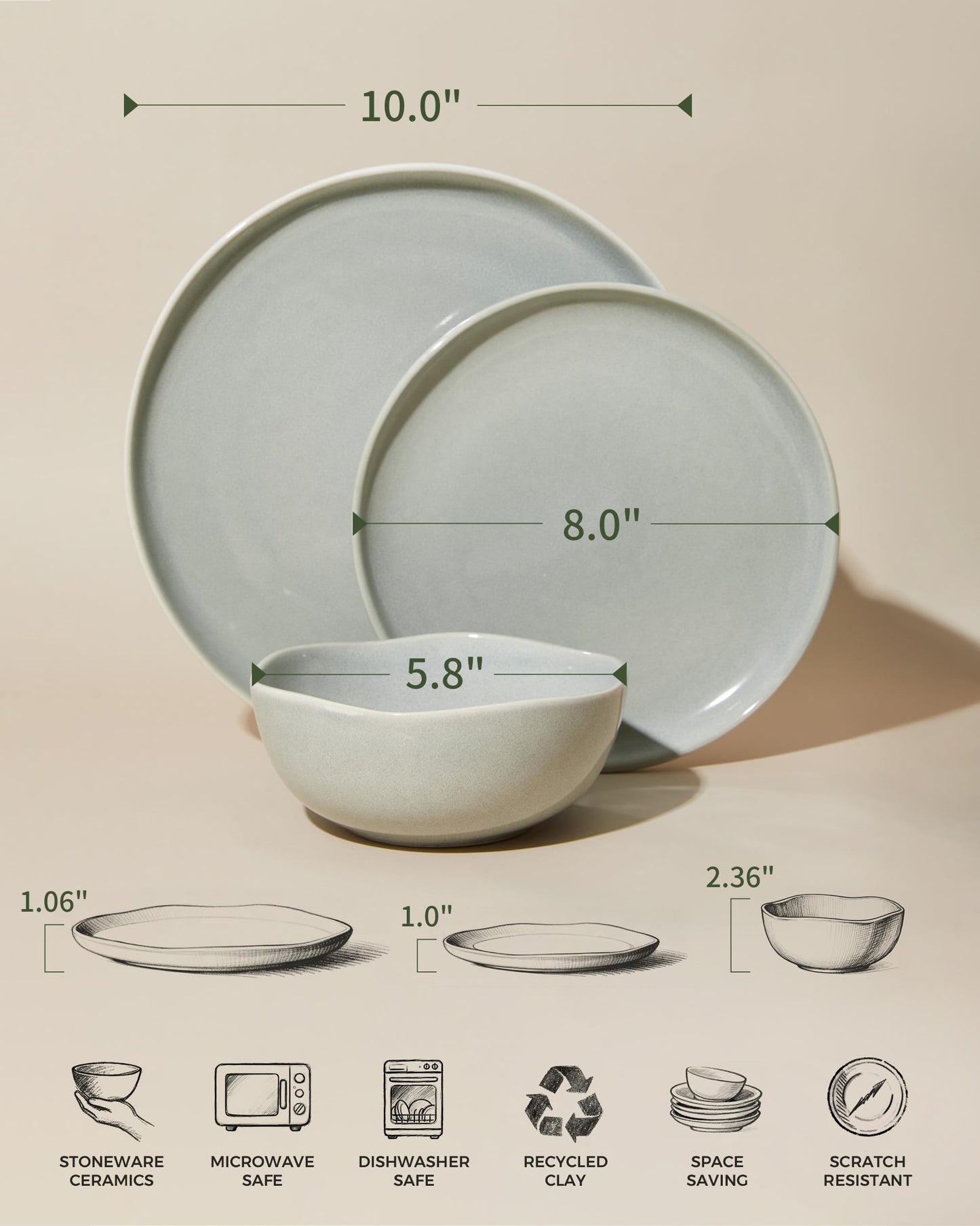 Ceramic Plates and Bowls Set, Everyday Dinnerware Set for 4, Wavy Rim Kitchen Dish Set, Chip Resistant Dishware Sets, Dishwasher Safe Dinner Set, Designed for Simple Meals, Gray Green