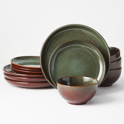 Pokini 12-Piece Stoneware Dinnerware Sets, Plates and Bowls Dish Sets for 4, Brown Green