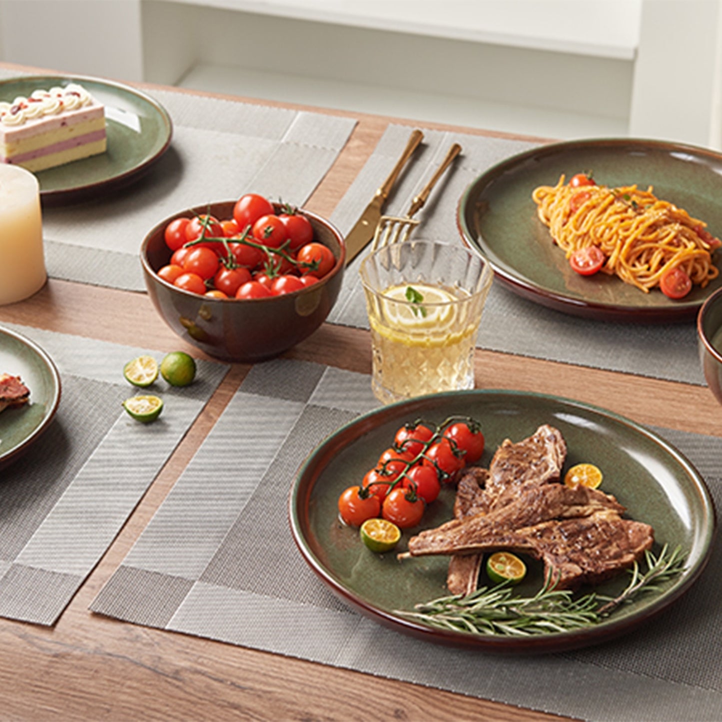 Pokini 12-Piece Stoneware Dinnerware Sets, Plates and Bowls Dish Sets for 4, Brown Green