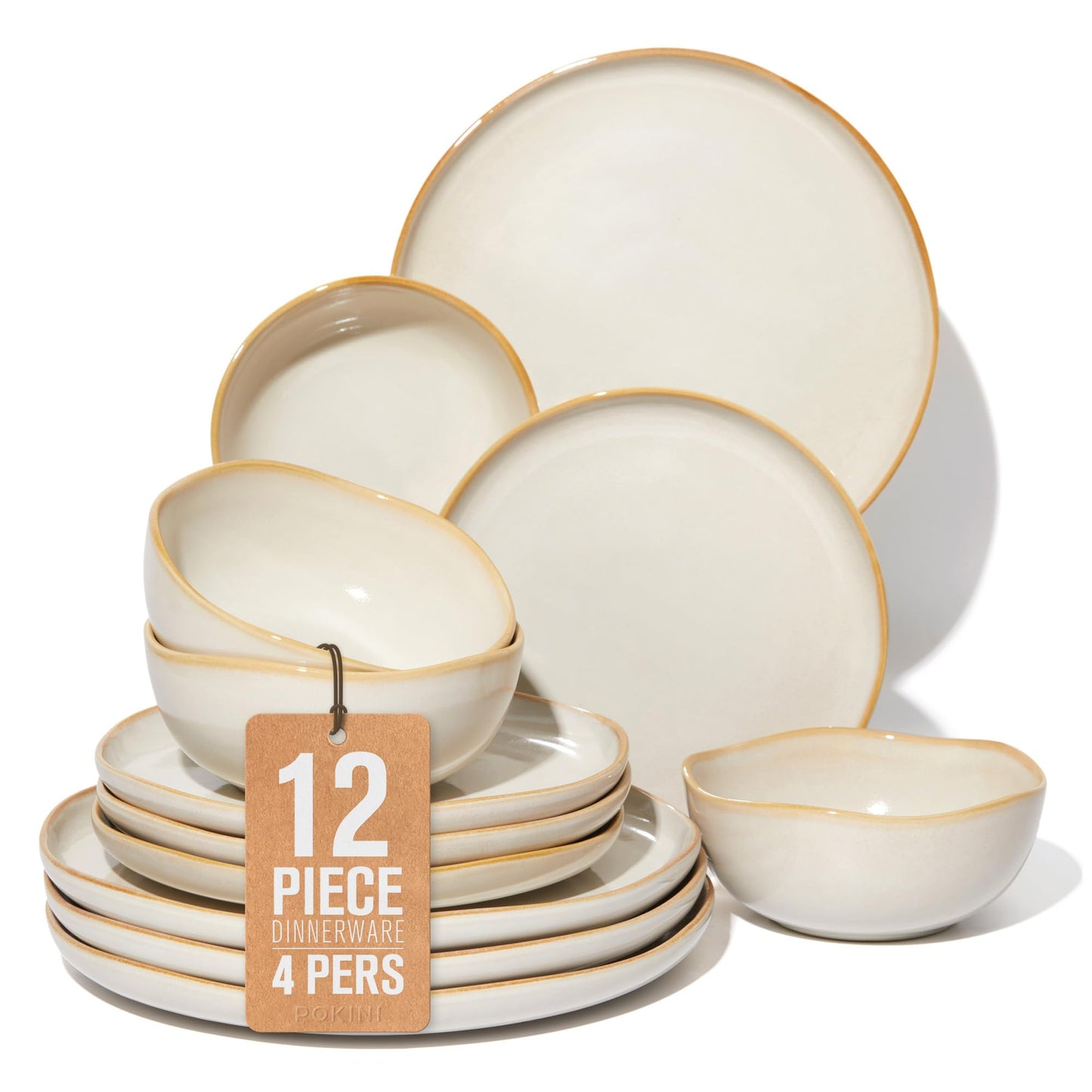 Ceramic Plates and Bowls Set, Everyday Dinnerware Set for 4, Wavy Rim Kitchen Dish Set, Chip Resistant Dishware Sets, Dishwasher Safe Dinner Set, Designed for Simple Meals, Yellow White