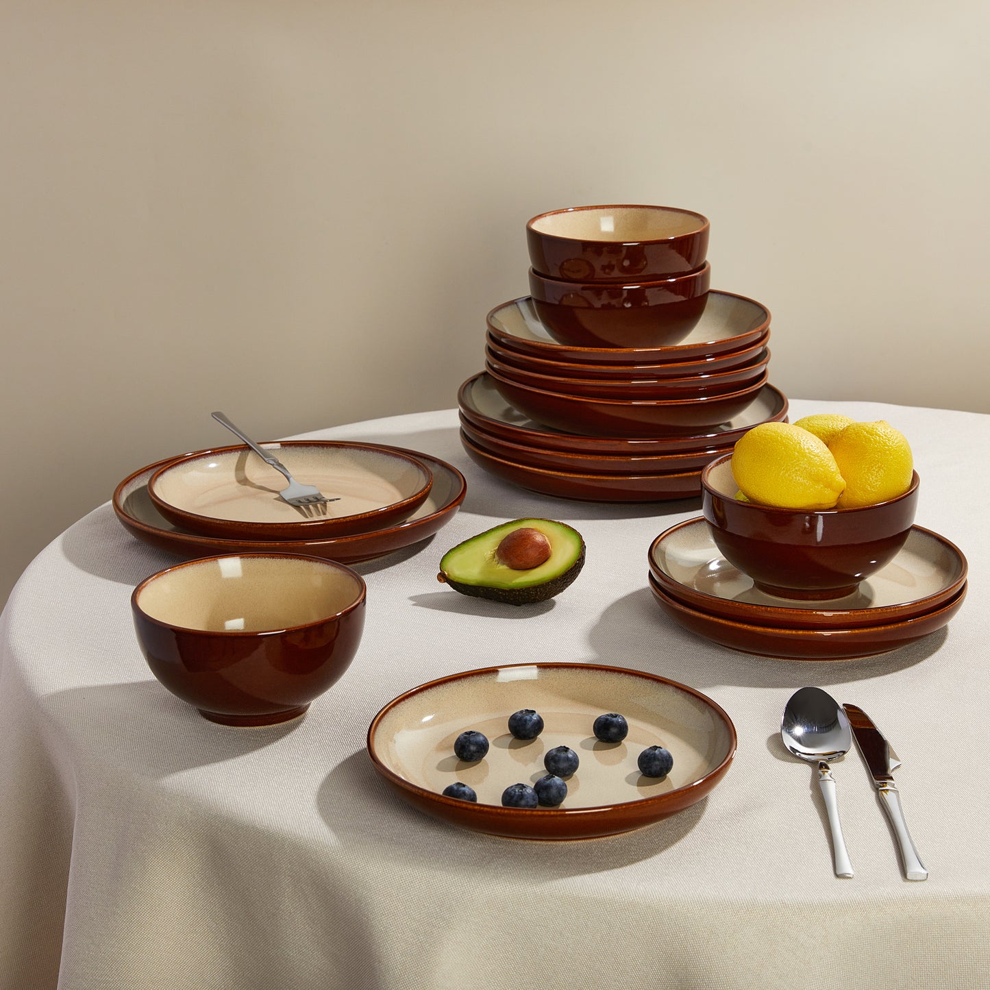 Plates and Bowls Set, POKINI 18 Pieces Stoneware Dinnerware Set, Microwave & Dishwasher Safe Dish Sets, Modern Ceramic Dinner Salad Plates | Cereal Bowls, Dishes Set for 6, Brown Yellow
