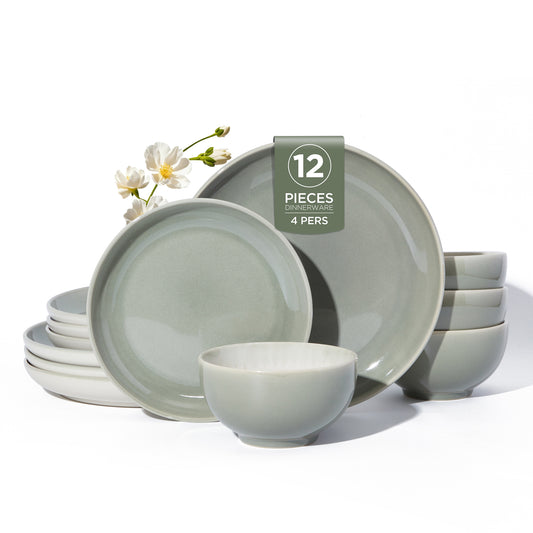 Dinnerware Set for 6, POKINI Ceramic Plates and Bowls Set, 18 PCS Handmade Reactive Glaze Dishes Set, Scratch Resistan Round Dish Sets, Dishwasher & Microwave Safe Stoneware Dinnerware Sets,Grey Green