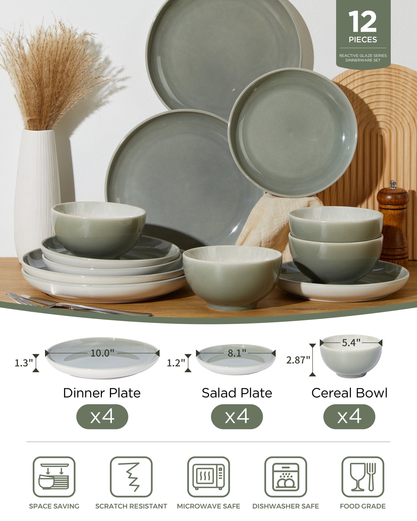 Dinnerware Set for 6, POKINI Ceramic Plates and Bowls Set, 18 PCS Handmade Reactive Glaze Dishes Set, Scratch Resistan Round Dish Sets, Dishwasher & Microwave Safe Stoneware Dinnerware Sets,Grey Green