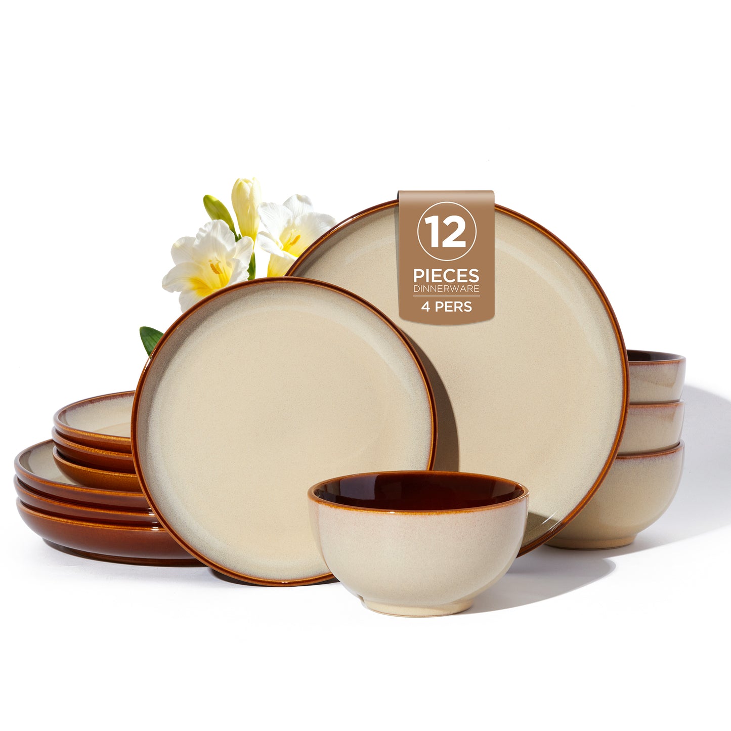 Dinnerware Set, 18 Pieces Stoneware Plates and Bowls Set, Handmade Reactive Glaze Dishes Set, Scratch Resistan Round Ceramic Dish Sets Service for 6, Dishwasher & Microwave Safe, Brown Yellow