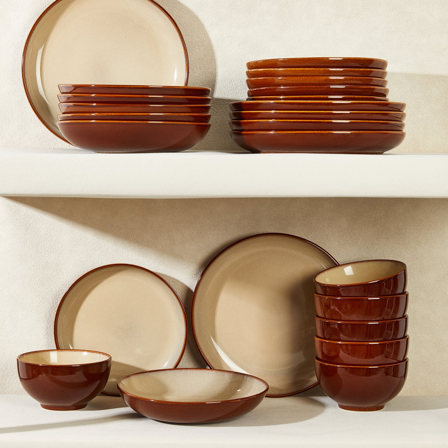 Plates and Bowls Set, POKINI 18 Pieces Stoneware Dinnerware Set, Microwave & Dishwasher Safe Dish Sets, Modern Ceramic Dinner Salad Plates | Cereal Bowls, Dishes Set for 6, Brown Yellow