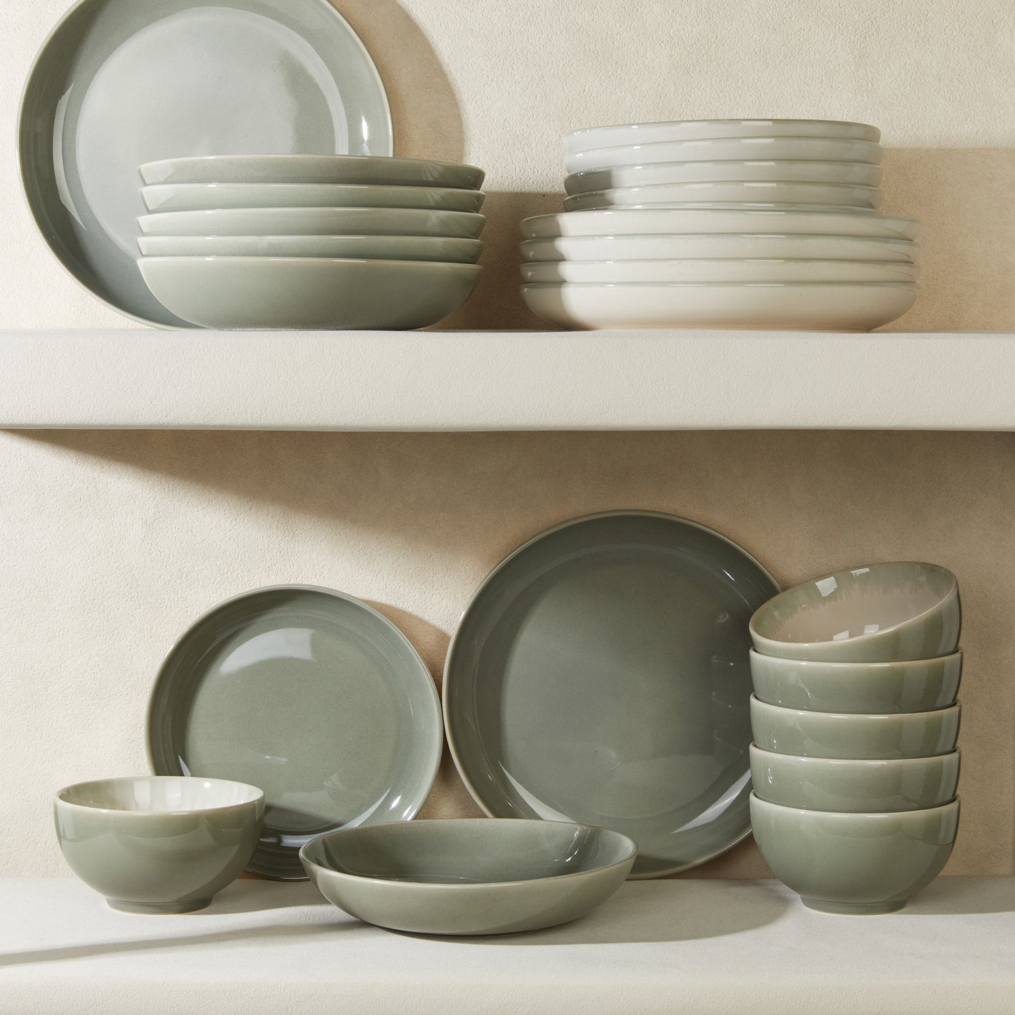 Dinnerware Set for 6, POKINI Ceramic Plates and Bowls Set, 18 PCS Handmade Reactive Glaze Dishes Set, Scratch Resistan Round Dish Sets, Dishwasher & Microwave Safe Stoneware Dinnerware Sets,Grey Green