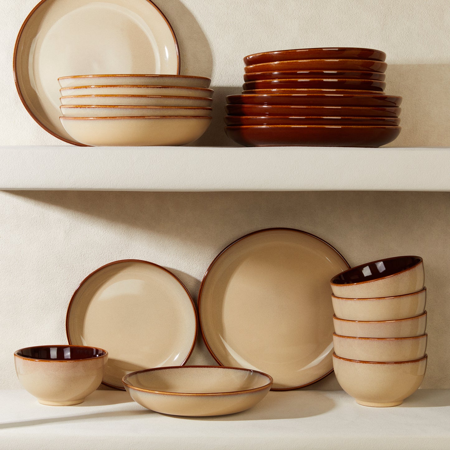 Dinnerware Set, 18 Pieces Stoneware Plates and Bowls Set, Handmade Reactive Glaze Dishes Set, Scratch Resistan Round Ceramic Dish Sets Service for 6, Dishwasher & Microwave Safe, Brown Yellow
