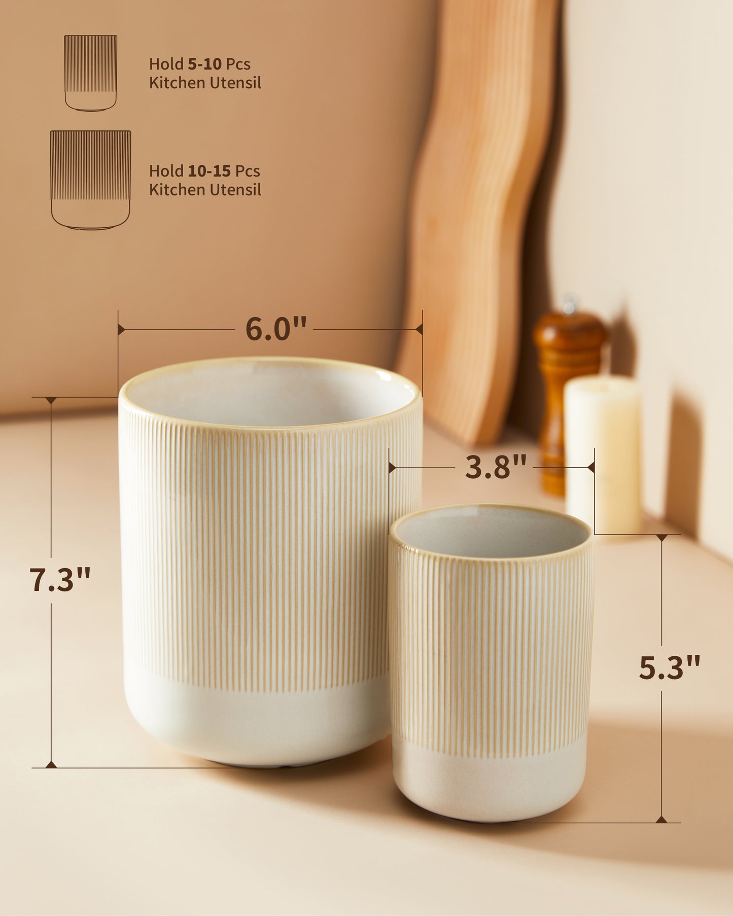 Pokini Utensil Holder, 7.3"+5.3" Ceramic Kitchen Utensil Holder for Countertop, Cooking Utensil Holder for Kitchen Counter, Kitchen Utensil Organizer Utensil Crocks, Modern Farmhouse Decor, Beige