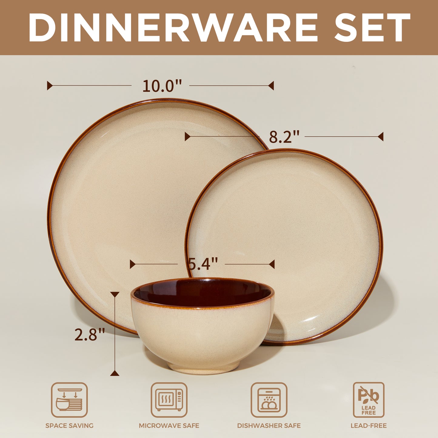 Stoneware Dinnerware Set Service for 4, 12 pcs Reactive Glaze Plates and Bowls Sets, Handmade Round Dishes Set, Highly Chip and Crack Resistant Modern Plate Set, Brown Yellow