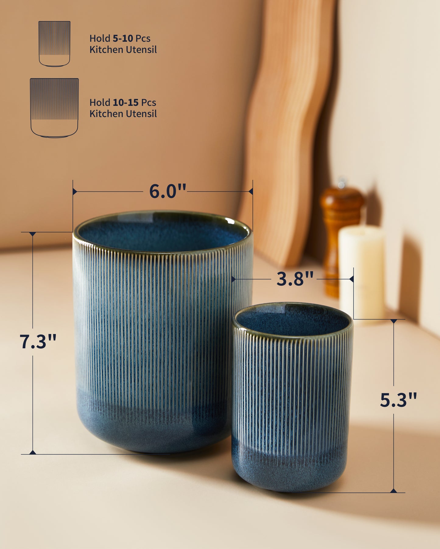 Pokini Utensil Holder, 7.3"+5.3" Ceramic Large Kitchen Utensil Holder for Countertop, Modern Spatula Holder for Counter, Kitchen Utensils Holder Utensil Crocks, Reactive Glaze Blue