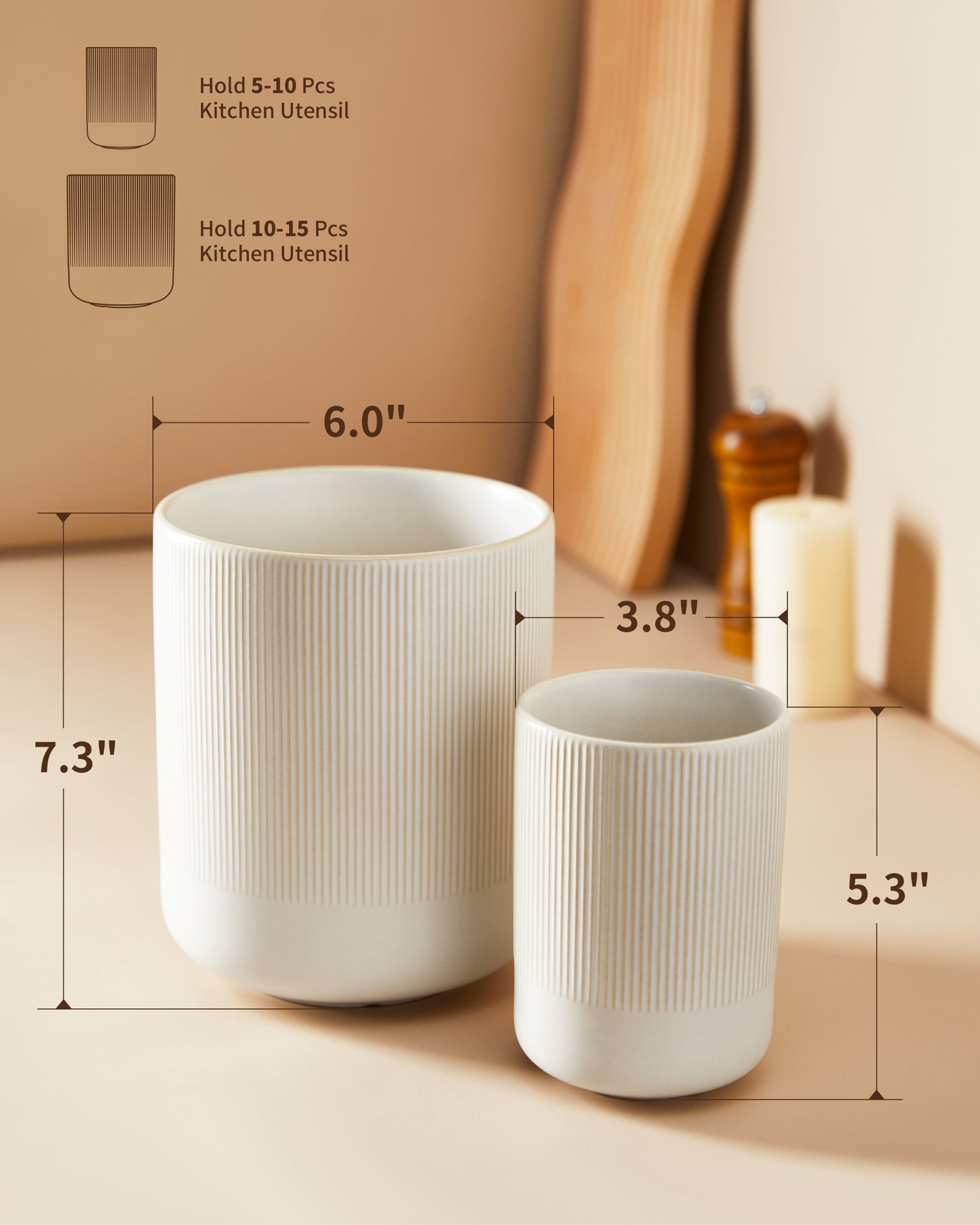 Pokini Utensil Holder, 7.3"+5.3" Large Ceramic Kitchen Utensil Holder for Countertop, Cooking Utensil Holder for Kitchen Counter, Kitchen Tool Holder, Modern Farmhouse Decor, Matte White