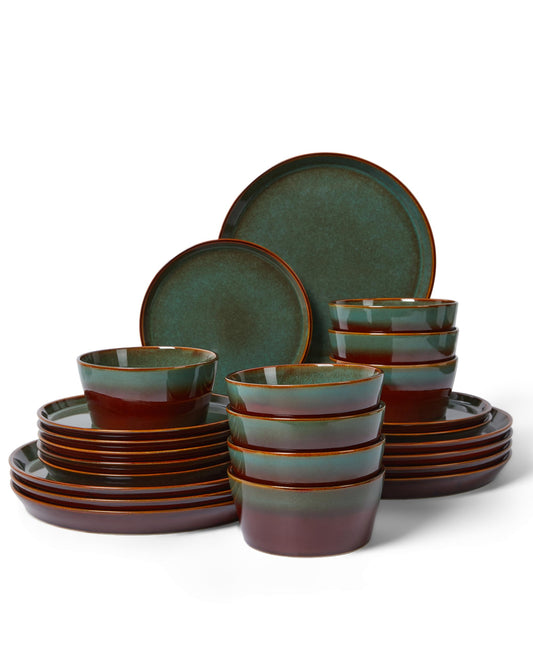 Pokini Stoneware Dinnerware Set for 8, 24PCS Plates and Bowls Set, Microwave & Dishwasher Safe Dinner Set, Modern Handmade Durable Dish Sets, Brown Green