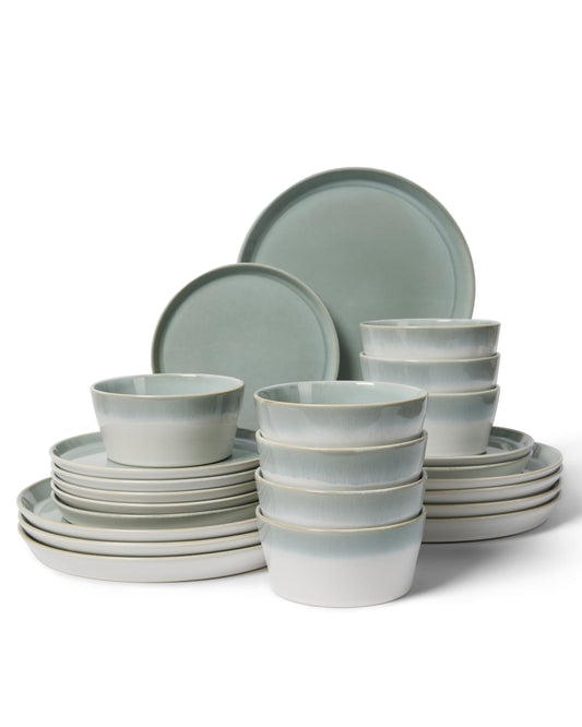 Pokini Stoneware Dinnerware Set for 8, 24PCS Plates and Bowls Set, Microwave & Dishwasher Safe Dinner Set, Modern Handmade Durable Dish Sets, Gradient Green
