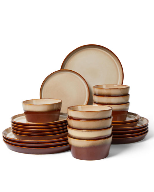 Pokini Stoneware Dinnerware Set for 8, 24PCS Plates and Bowls Set, Microwave & Dishwasher Safe Dinner Set, Modern Handmade Durable Dish Sets, Amber Brown