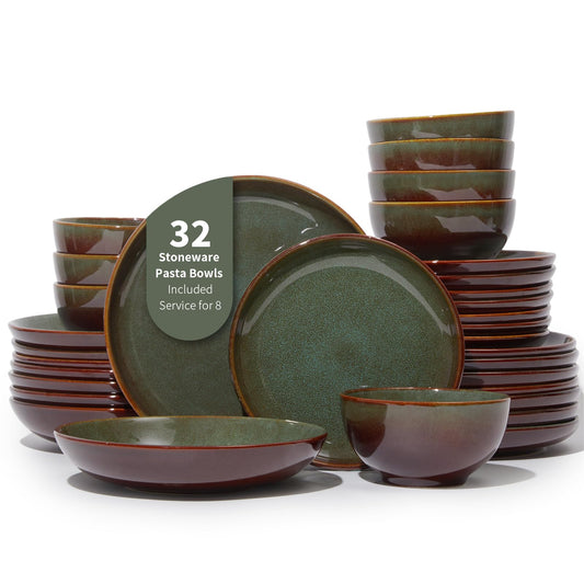 Pokini 32-Piece Stoneware Dinnerware Sets, Plates and Bowls Sets with Double Bowl,Ceramic dish sets service for 8,Brown Green