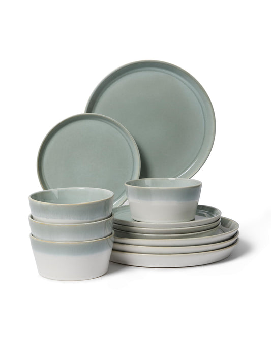 Pokini Stoneware Dinnerware Set for 4, 12PCS Plates and Bowls Set, Microwave & Dishwasher Safe Dinner Set, Modern Handmade Durable Dish Sets, Gradient Green