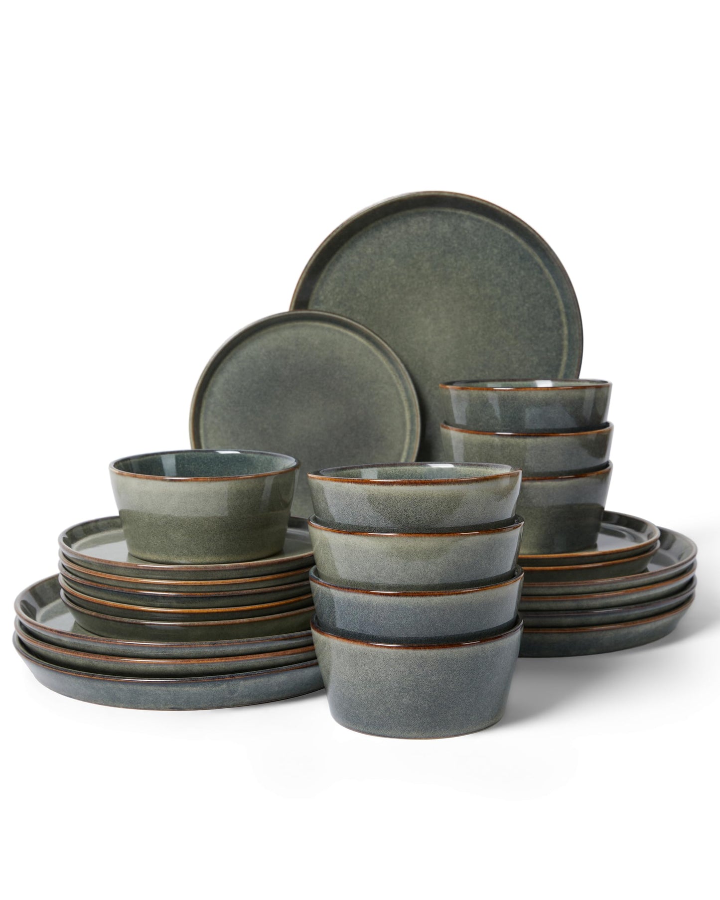 Pokini Stoneware Dinnerware Set for 8, 24PCS Plates and Bowls Set, Microwave & Dishwasher Safe Dinner Set, Modern Handmade Durable Dish Sets, Green Wheat