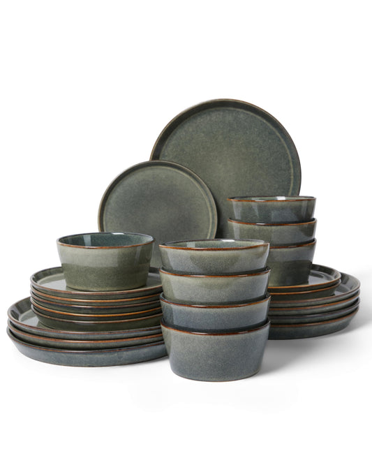 Pokini Stoneware Dinnerware Set for 8, 24PCS Plates and Bowls Set, Microwave & Dishwasher Safe Dinner Set, Modern Handmade Durable Dish Sets, Green Wheat