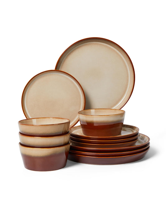 Pokini Stoneware Dinnerware Set for 4, 12PCS Plates and Bowls Set, Microwave & Dishwasher Safe Dinner Set, Modern Handmade Durable Dish Sets, Amber Brown