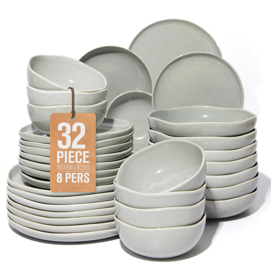 Pokini 32 Piece Dinnerware Set for 8 with Pasta Bowls, Gray Green Reactive Glaze Stoneware | All‑in‑One Host Set for Entertaining, Holiday Meals, Multi‑Course Dish Set | Unique Irregular Look