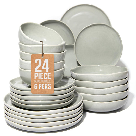 Pokini 24 Pieces Dinnerware Set for 6 with Pasta Bowls, Complete Ceramic Dish Set, Stackable & Glossy Stoneware Plate and Bowl Set for Effortless Everyday Hosting, Gray Green