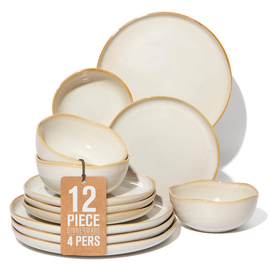 Pokini Ceramic Plates and Bowls Set, Everyday Dinnerware Set for 4, Wavy Rim Kitchen Dish Set, Chip Resistant Dishware Sets, Dishwasher Safe Dinner Set, Designed for Simple Meals, Yellow White