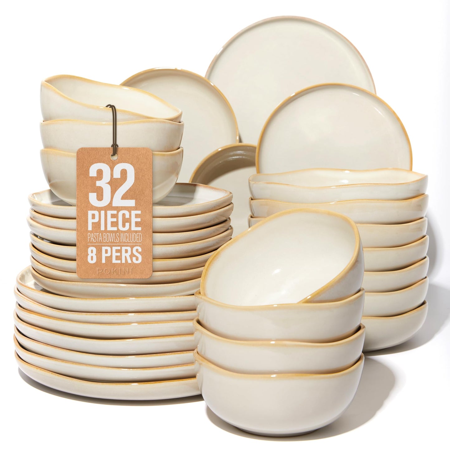 Pokini 32 Piece Dinnerware Set for 8 with Pasta Bowls, Yellow White Reactive Glaze Stoneware | All‑in‑One Host Set for Entertaining, Holiday Meals, Multi‑Course Dish Set | Unique Irregular Look