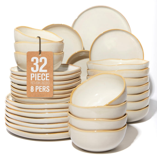 Pokini 32 Piece Dinnerware Set for 8 with Pasta Bowls, Yellow White Reactive Glaze Stoneware | All‑in‑One Host Set for Entertaining, Holiday Meals, Multi‑Course Dish Set | Unique Irregular Look